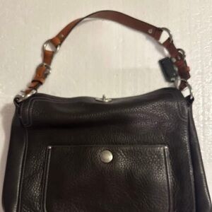 VTG Coach Dark Brown Pebbled Leather Shoulder Bag with Tan Strap